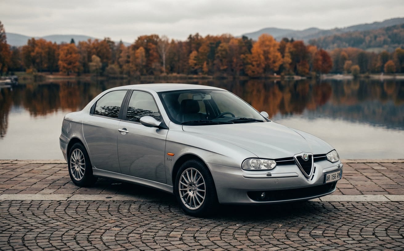 Ezüst Alfa Romeo 156 tóparti sétányon, ősszel