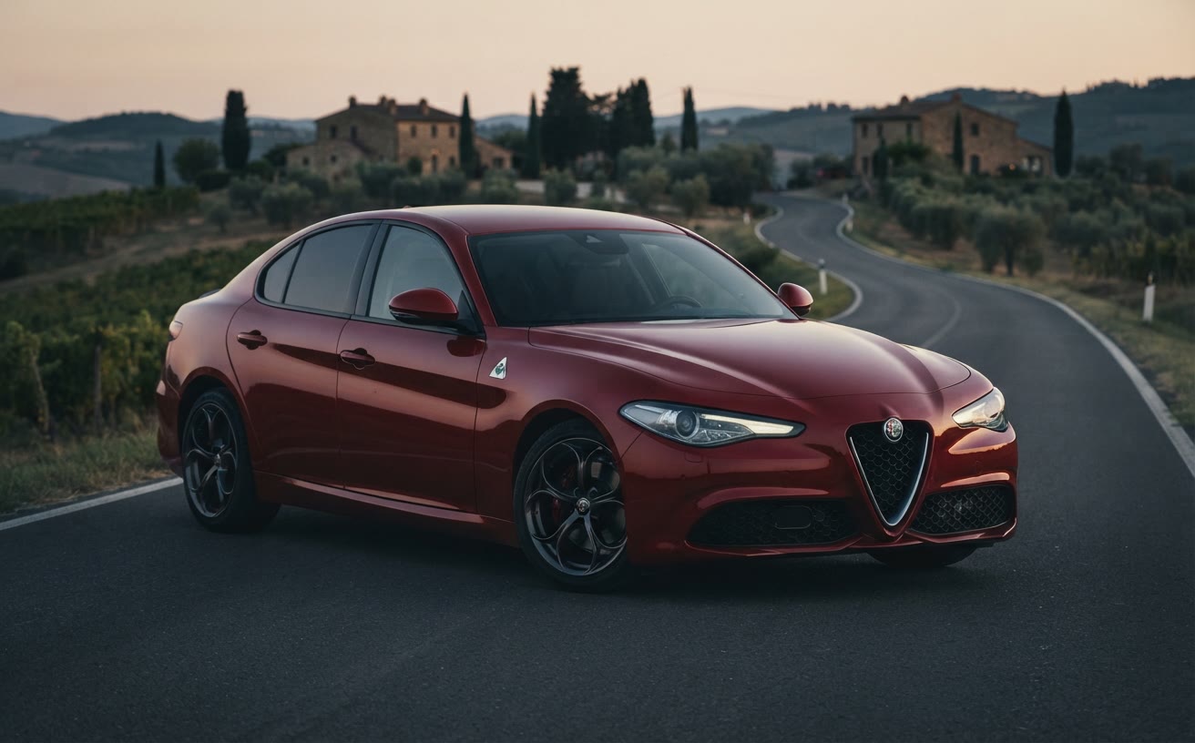 Alfa-piros Alfa Romeo Giulia Veloce kanyargós toszkán úton, esti fényben