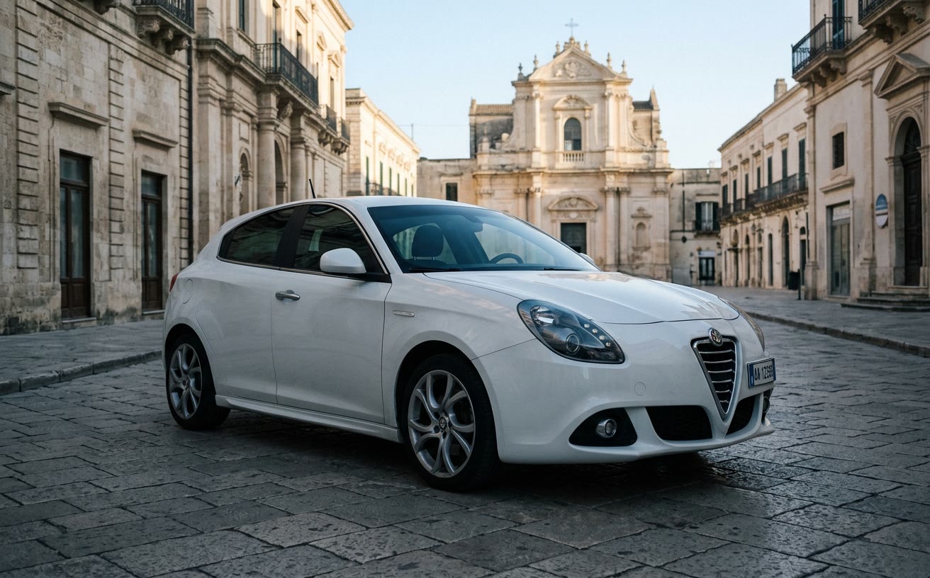 Fehér Alfa Romeo Giulietta olasz piazzán, reggel