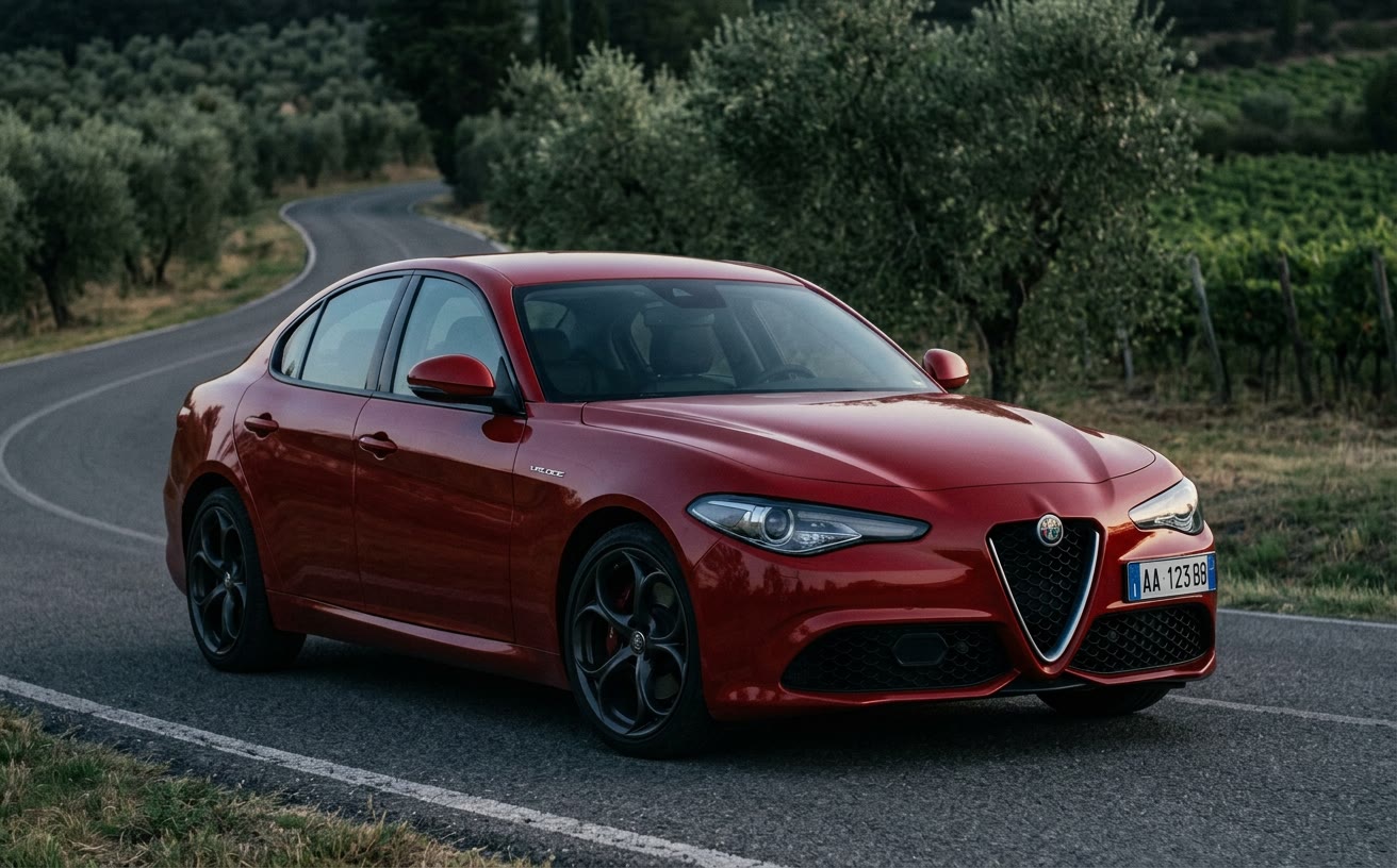 Sötétszürke Alfa Romeo Stelvio hegyi hágón, alacsony felhők alatt