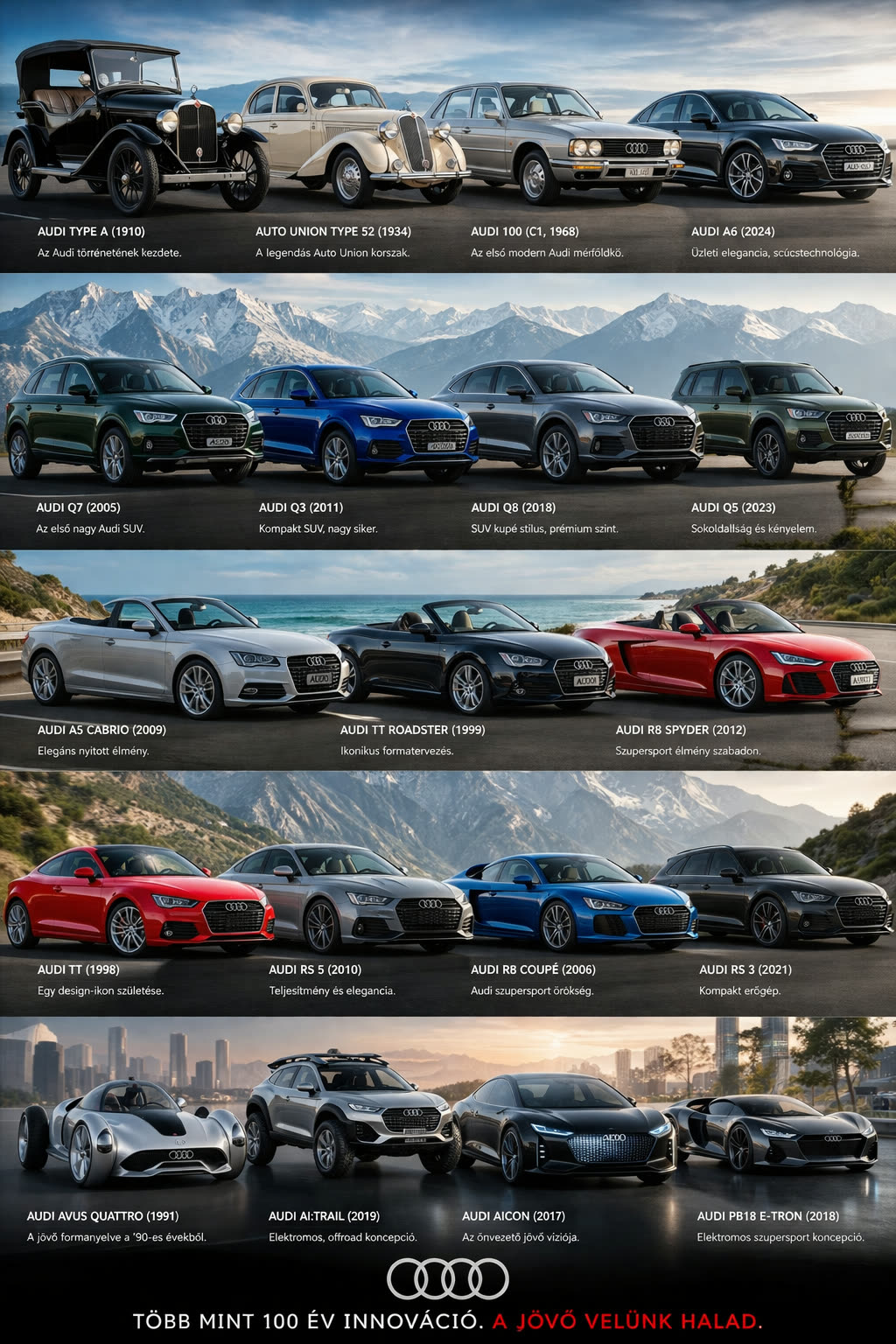 Audi modellek idővonala az 1910-es Type A-tól a 2019-es AI:Trail koncepcióig