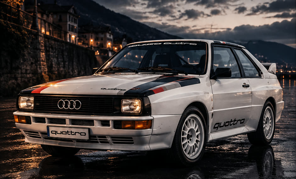 Audi Sport quattro, fehér, rallye-fóliázással