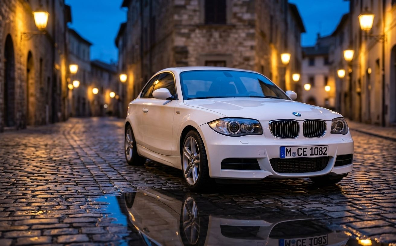 Fehér BMW 1-es kupé (E82) óvárosi utcán