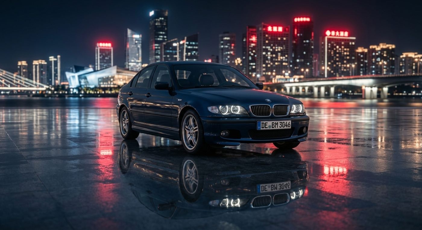 Sötétkék BMW 3-as (E46) szedán éjszakai vízparton