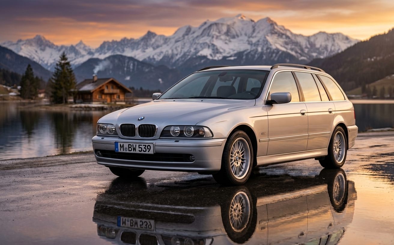 Ezüst BMW 5-ös Touring (E39) alpesi tóparton