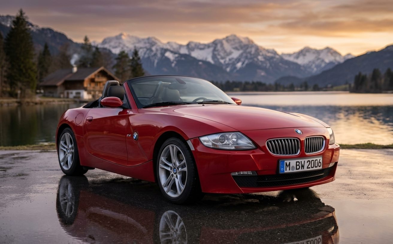 Piros BMW Z4 roadster tóparton