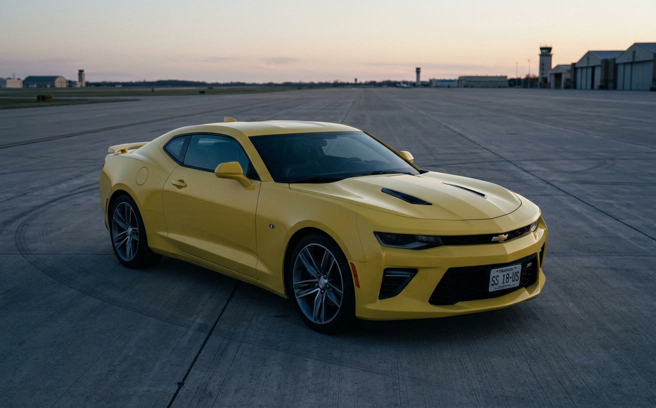 Sárga Chevrolet Camaro SS üres repülőtéren, alkonyatkor