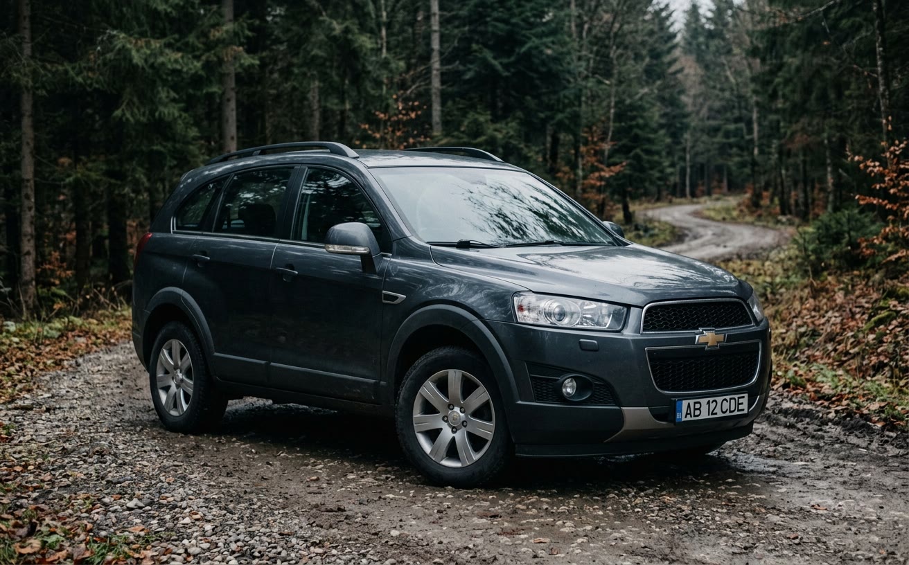 Sötétszürke Chevrolet Captiva erdei úton, borult időben