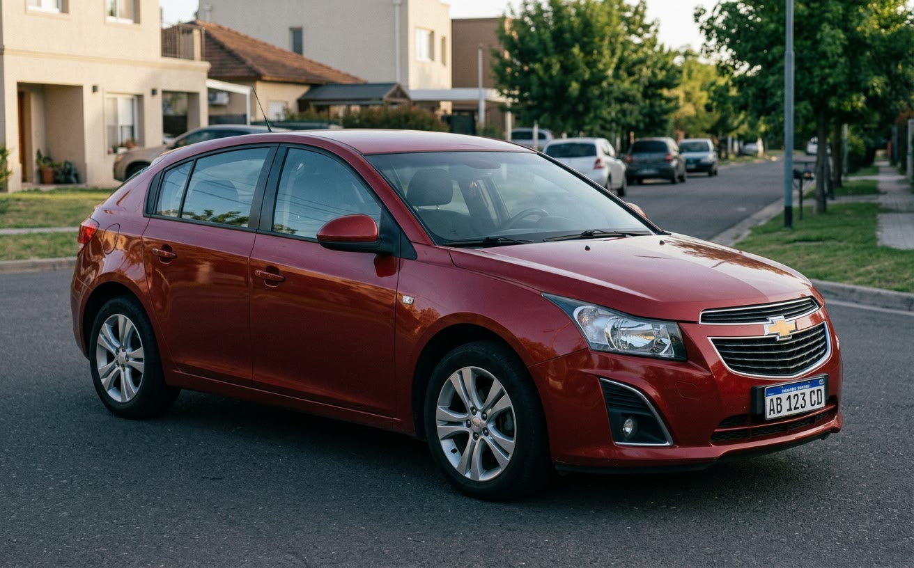 Piros Chevrolet Cruze ferdehátú lakóutcában, délután