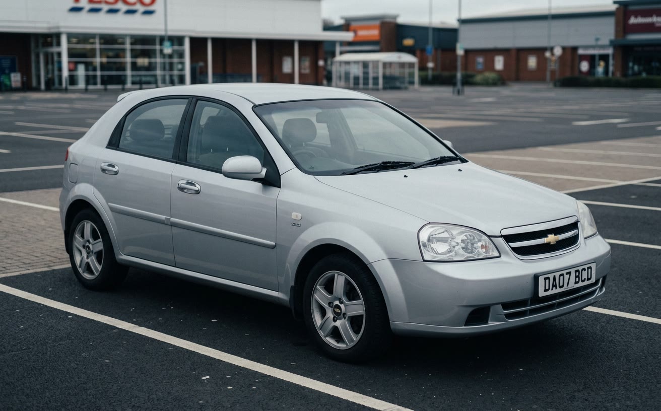 Ezüst Chevrolet Lacetti ferdehátú áruházi parkolóban, lágy fényben