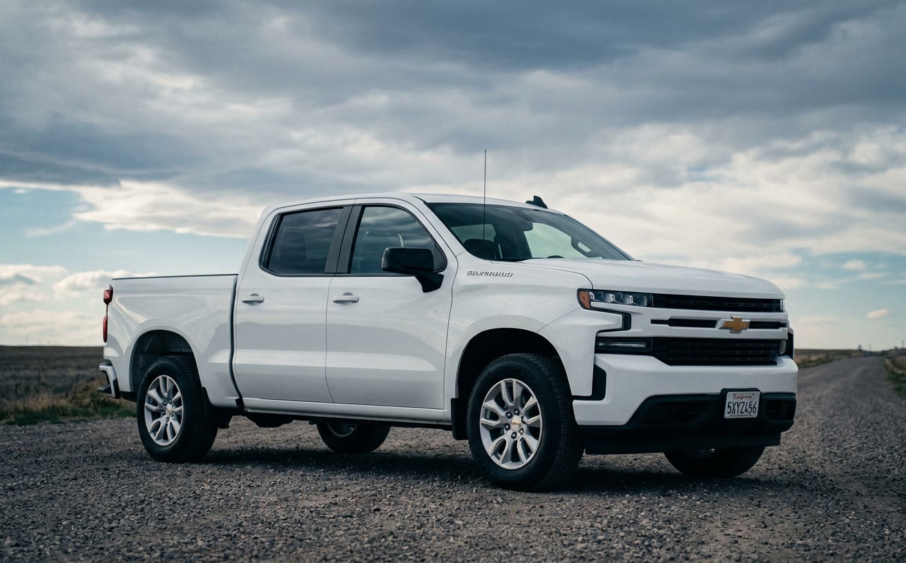 Fehér Chevrolet Silverado 1500 duplakabinos pickup murvás úton, tágas ég alatt