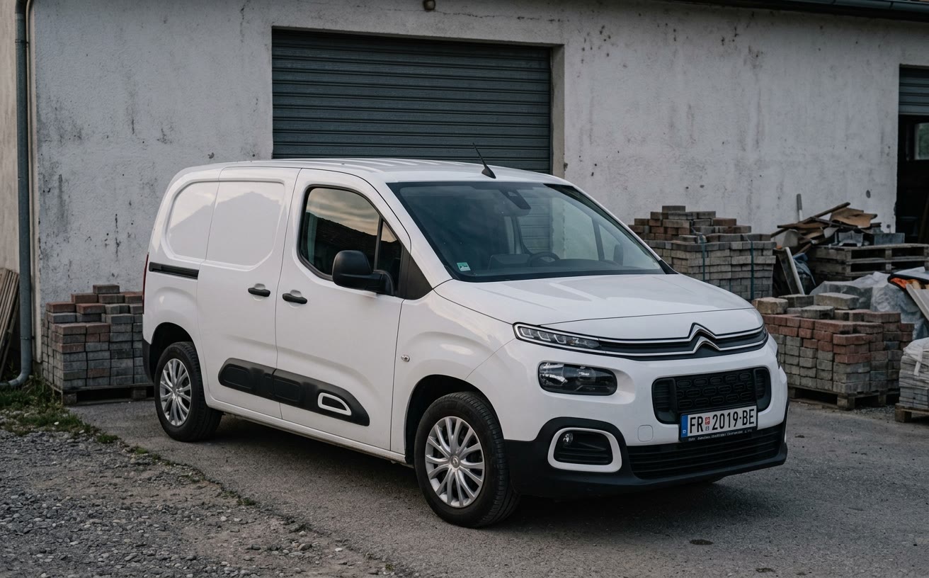 Fehér Citroën Berlingo furgon egy kis műhely előtt, redőnyös kapu mögötte, reggel