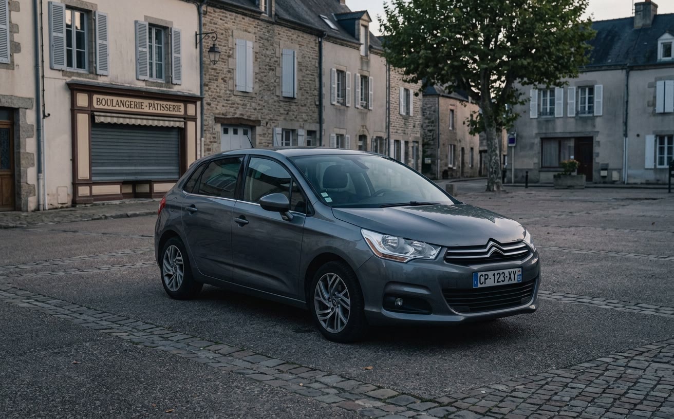 Szürke Citroën C4 ferdehátú francia falusi főtéren, este