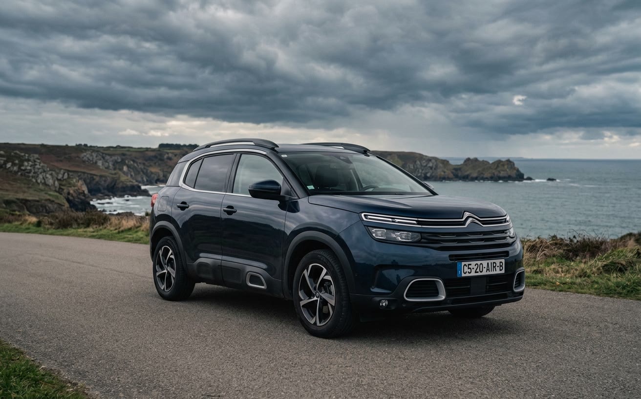 Sötétkék Citroën C5 Aircross bretagne-i tengerparti úton, drámai ég alatt