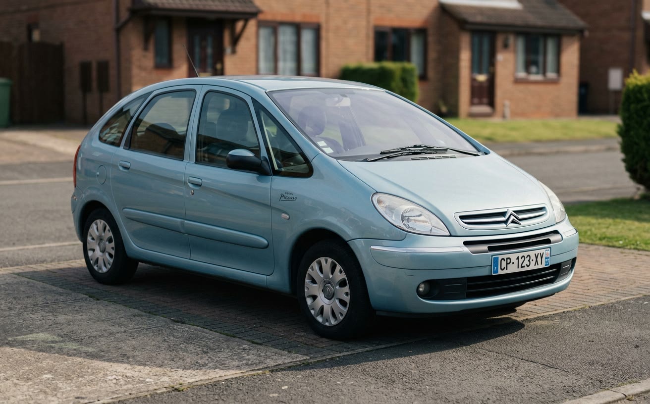 Világoskék Citroën Xsara Picasso kertvárosi kocsibeállón, délutáni fényben