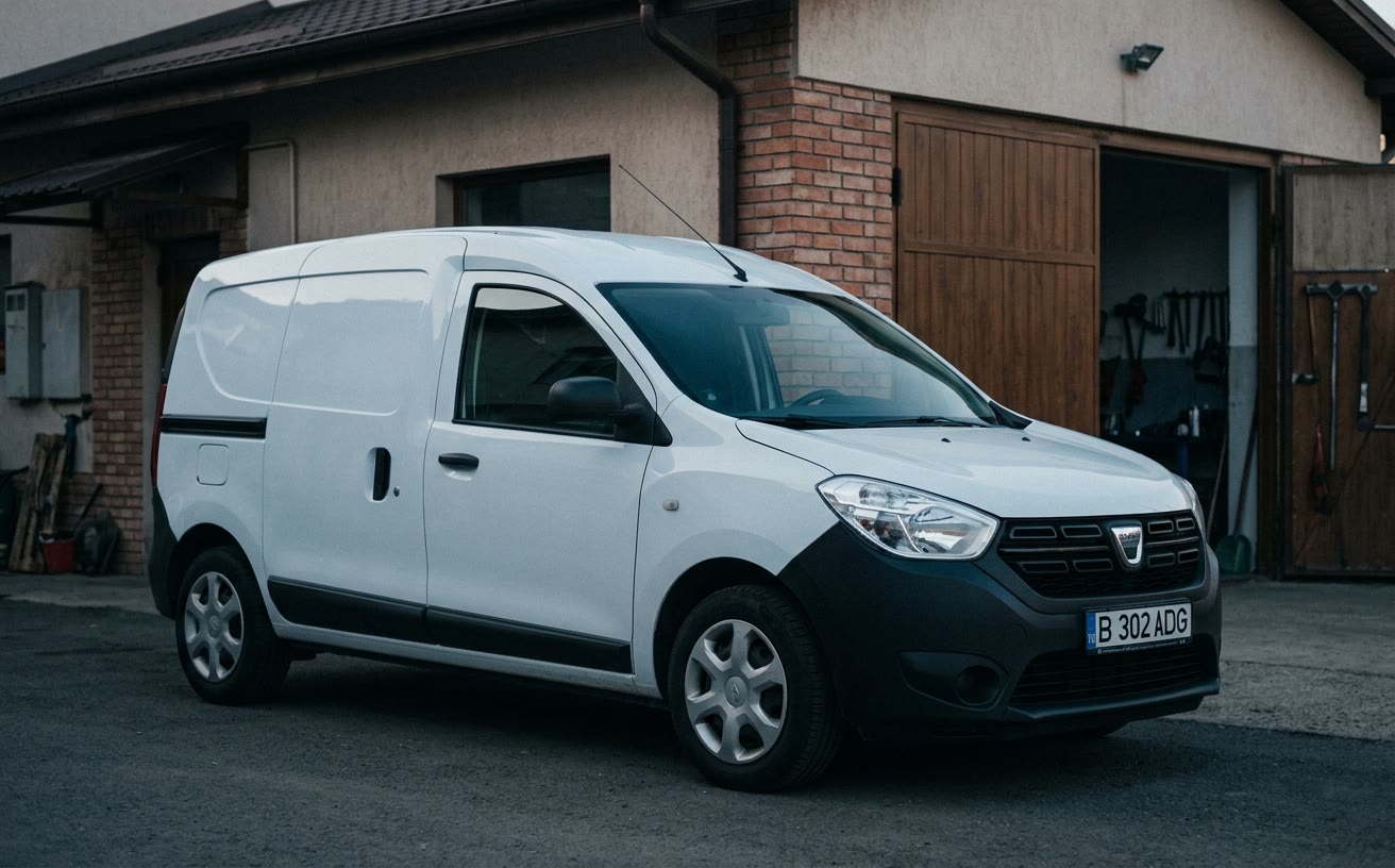 Fehér Dacia Dokker furgon egy kis műhely előtt, reggel