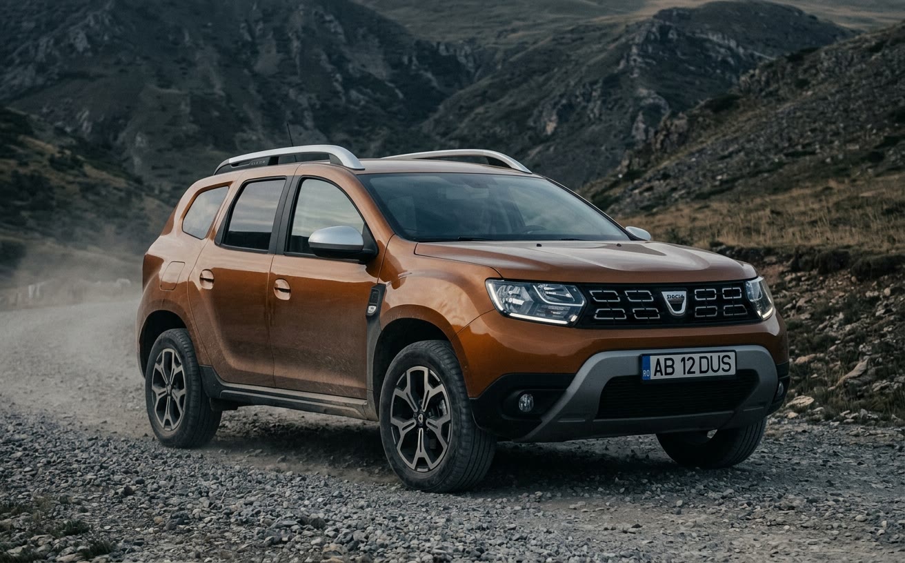 Sötét narancssárga Dacia Duster 4x4 murvás dombvidéki úton, porban