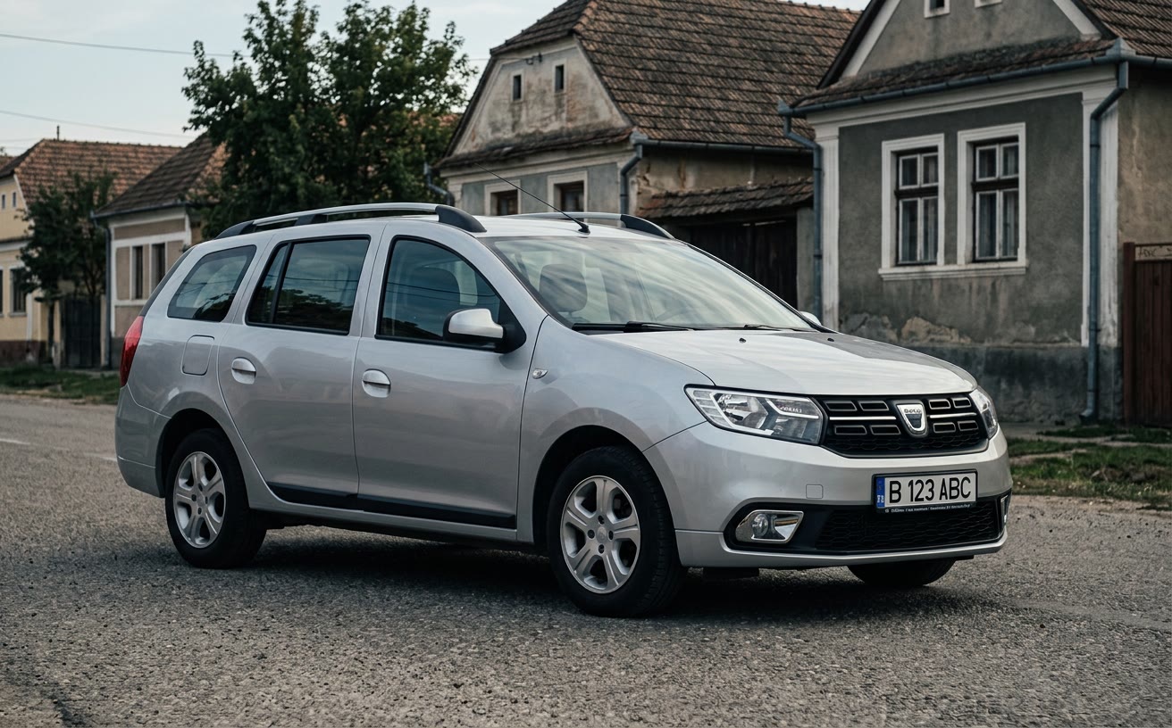 Ezüst Dacia Logan MCV kombi kelet-európai falusi utcán, délután
