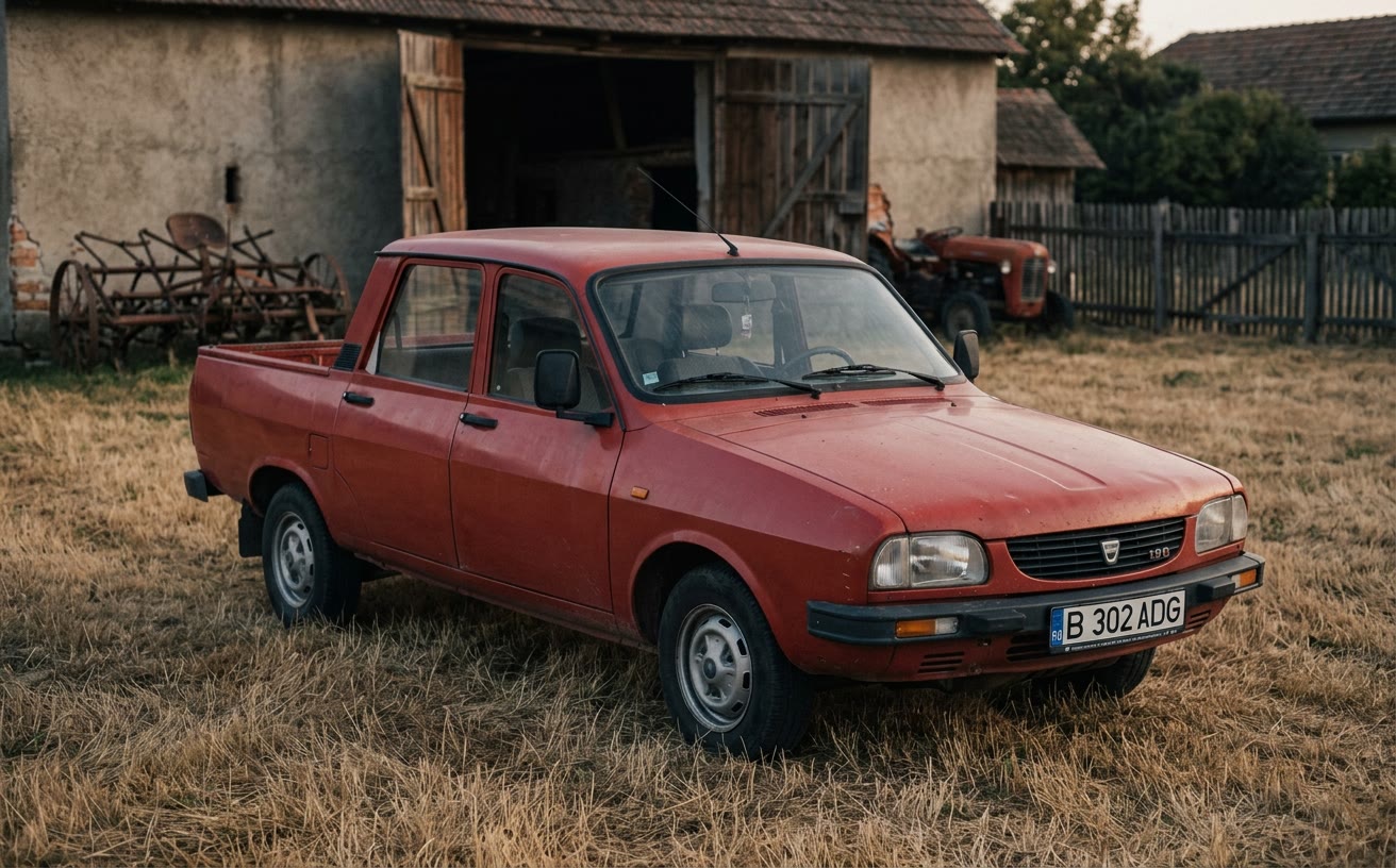 Fakópiros klasszikus Dacia 1307 Pick-Up tanyaudvaron, száraz fűben, meleg esti fényben