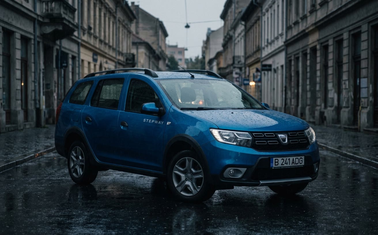 Kék Dacia Sandero Stepway esős városi utcán, este