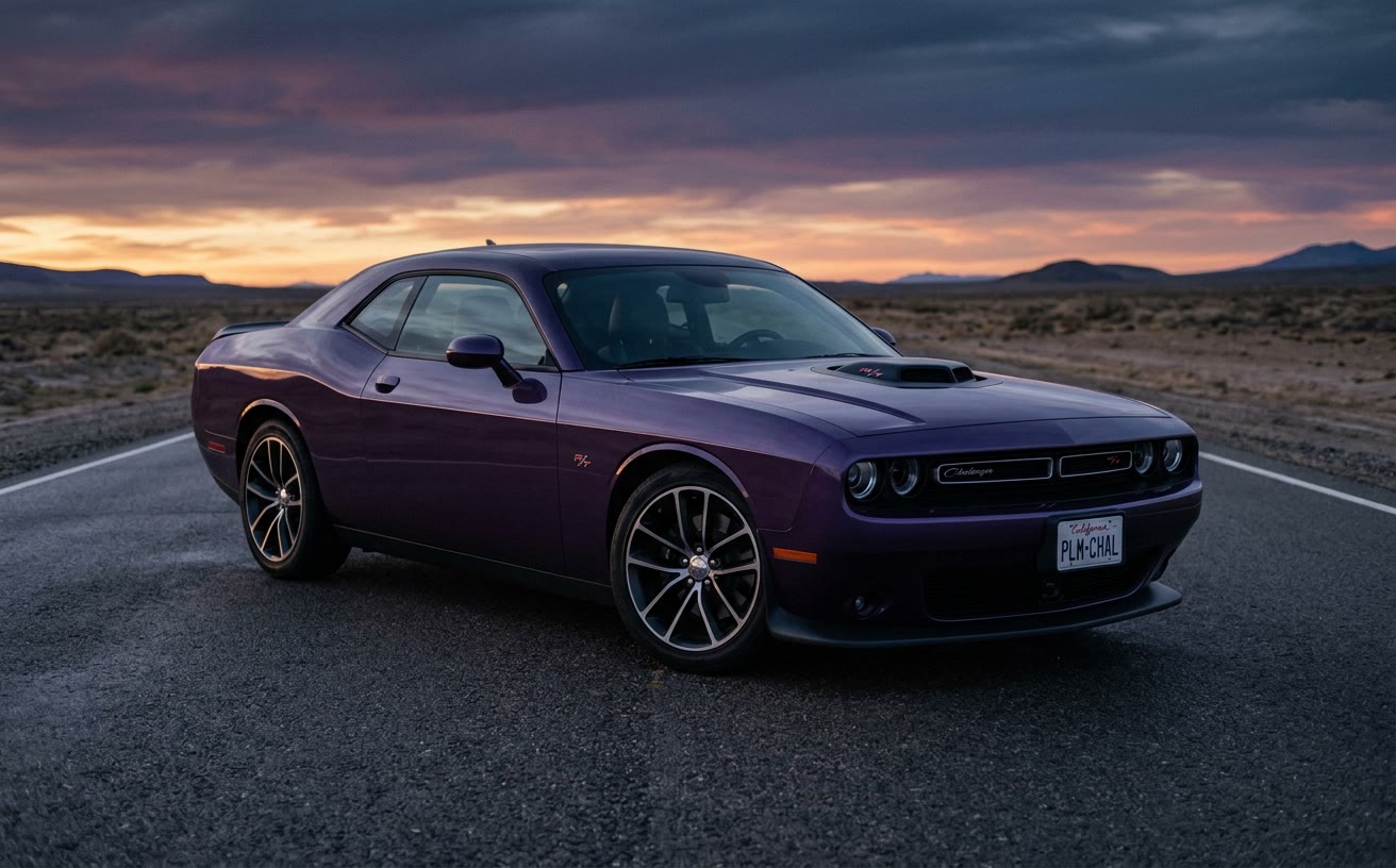 Szilvalila Dodge Challenger R/T üres úton, naplementében
