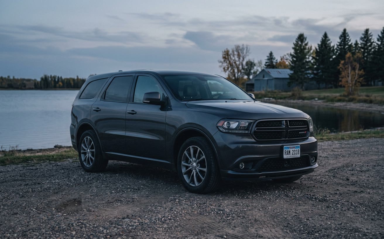 Sötétszürke Dodge Durango tóparton, alkonyatkor
