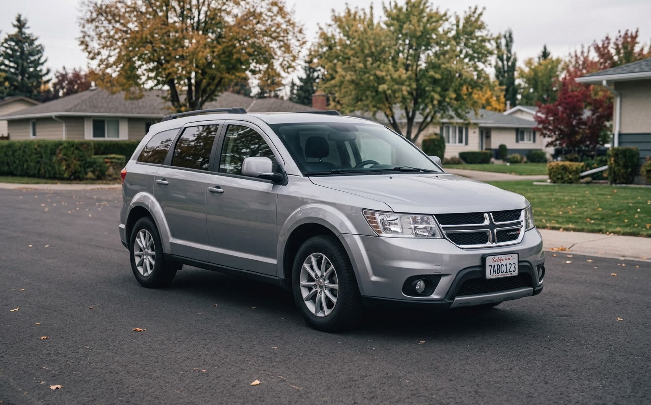 Ezüst Dodge Journey kertvárosi utcán, lágy fényben