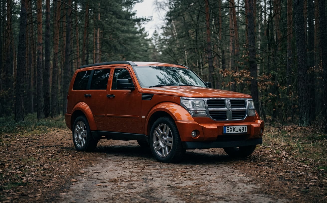 Narancssárga Dodge Nitro erdei földúton, borult időben