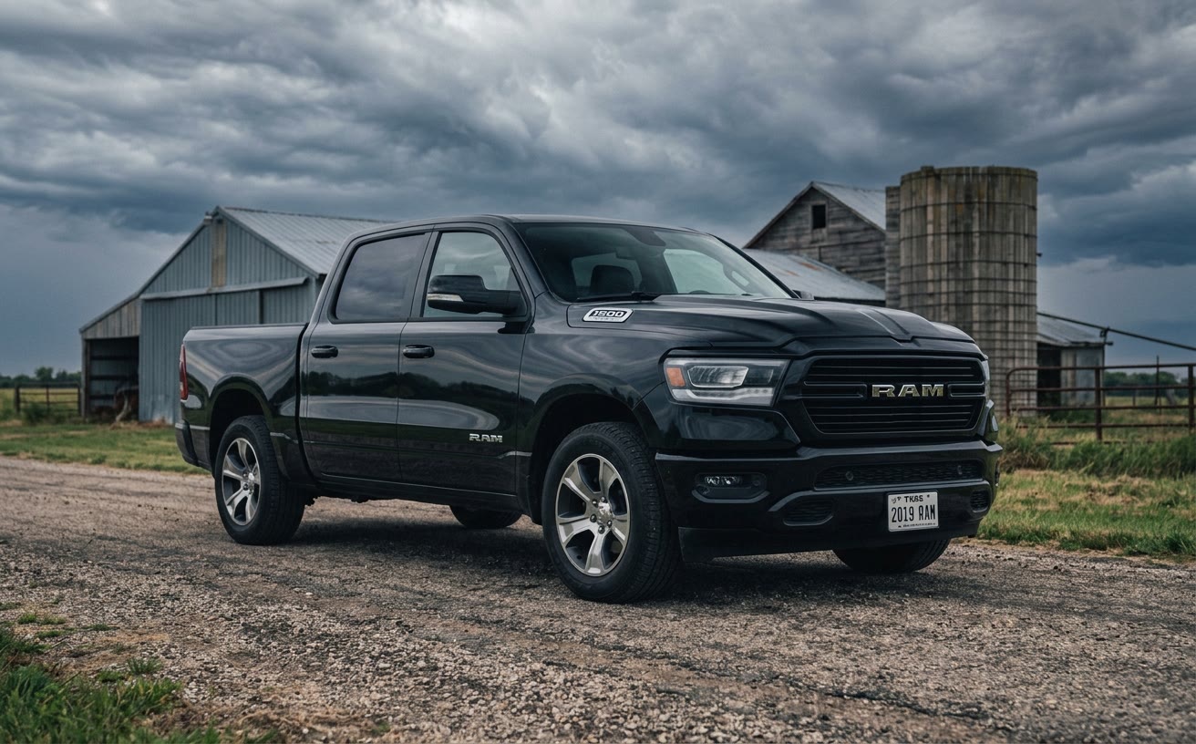 Fekete Dodge RAM 1500 duplakabinos pickup murvás úton, tanya és viharfelhők előtt