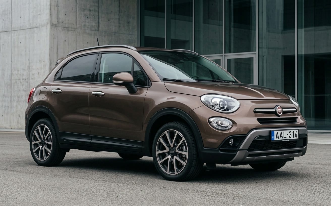 Bronz Fiat 500X Cross modern betonépület előtt, borult égbolt alatt