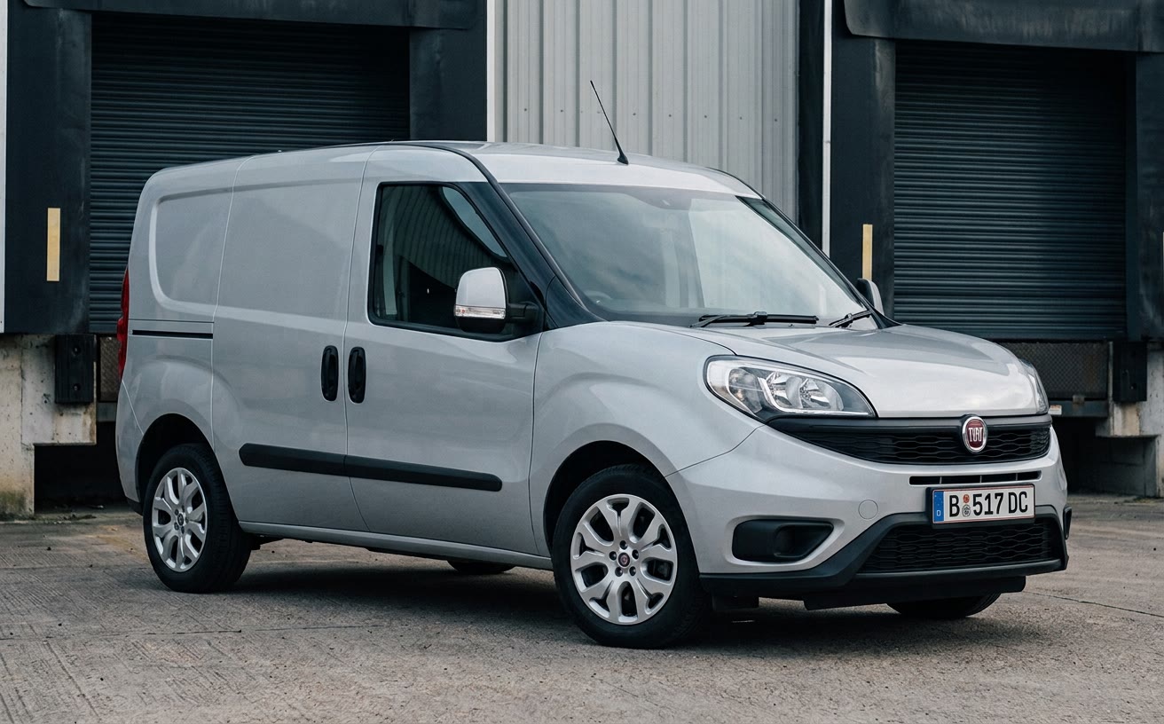 Világosszürke Fiat Doblò Cargo egy kis raktár rakodójánál, reggeli fényben
