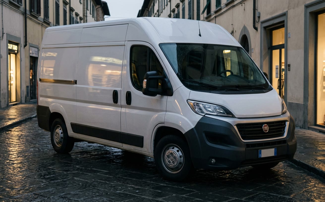Fehér Fiat Ducato furgon nedves macskaköves olasz óvárosi utcán, alkonyatkor