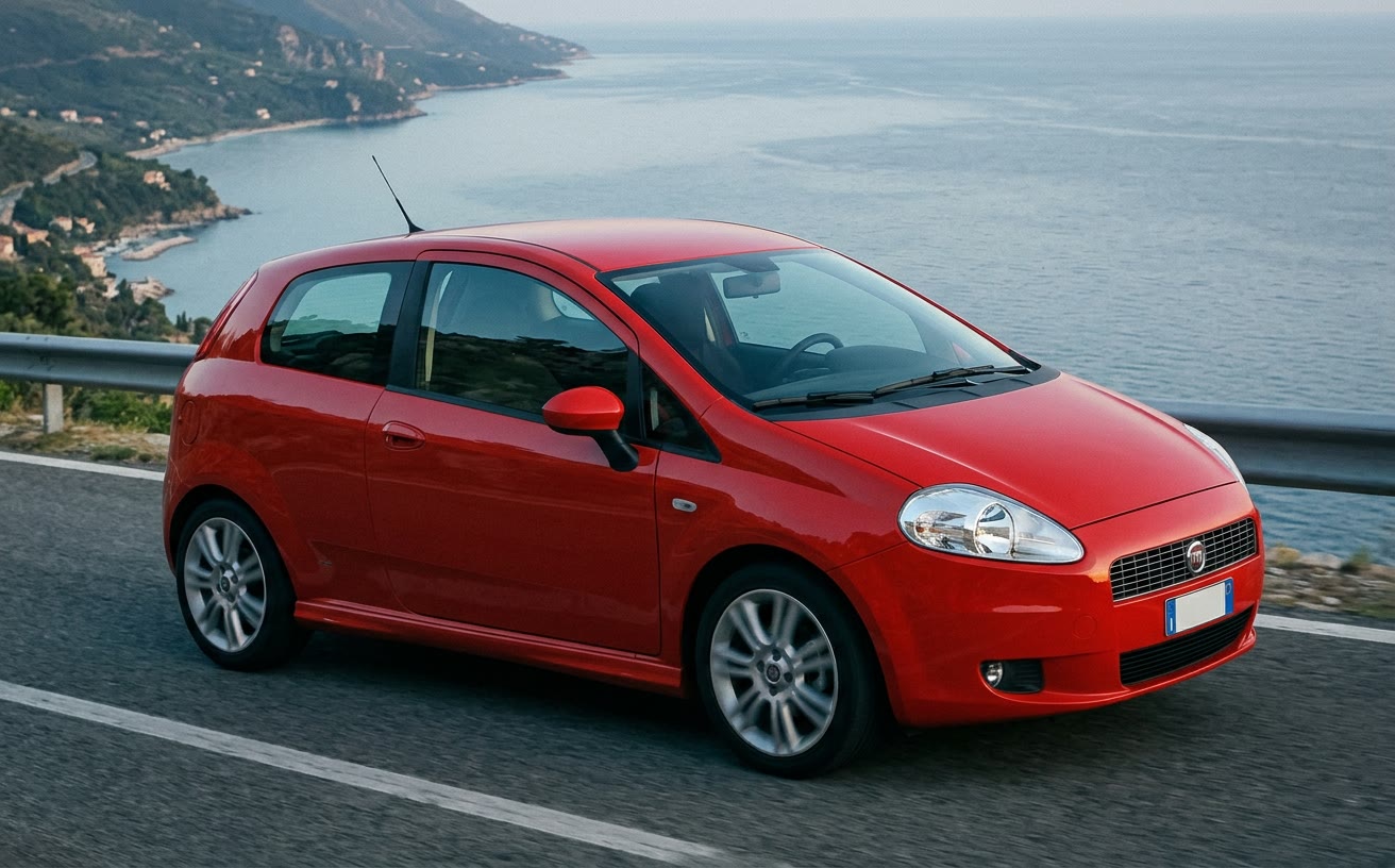 Piros Fiat Grande Punto tengerparti úton az Adria felett, délután