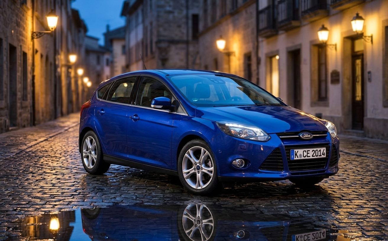 Kék Ford Focus (Mk3) óvárosi utcán