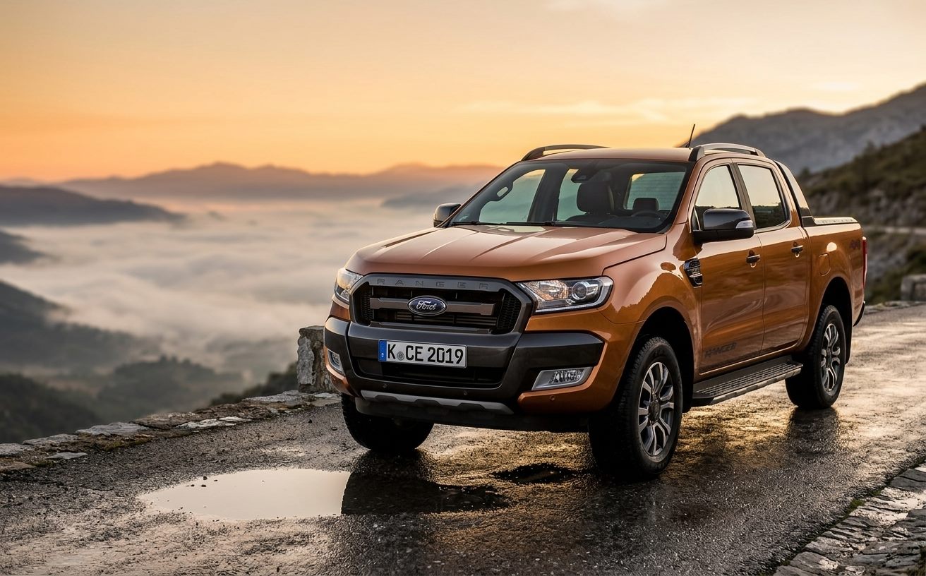 Narancssárga Ford Ranger duplakabinos pickup hegyi úton