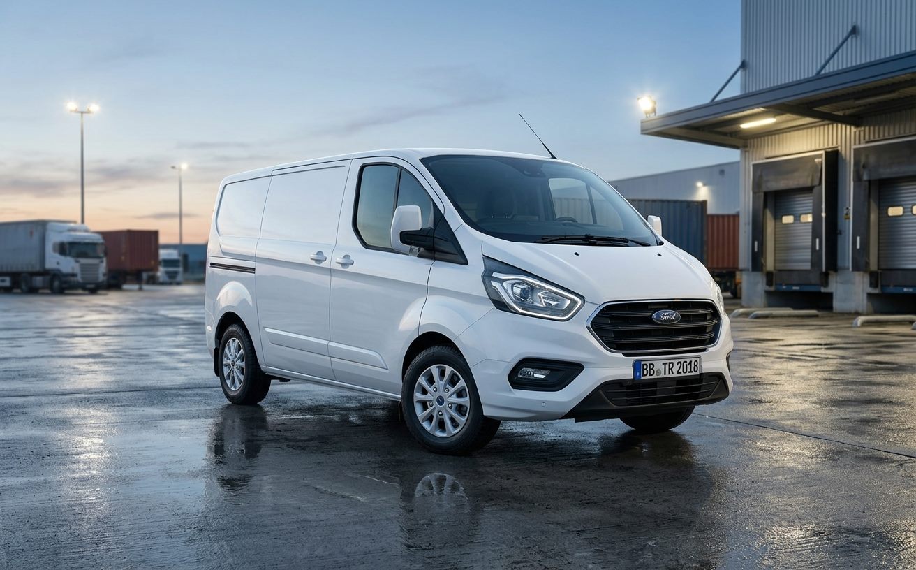 Fehér Ford Transit Custom furgon rakodóudvarban