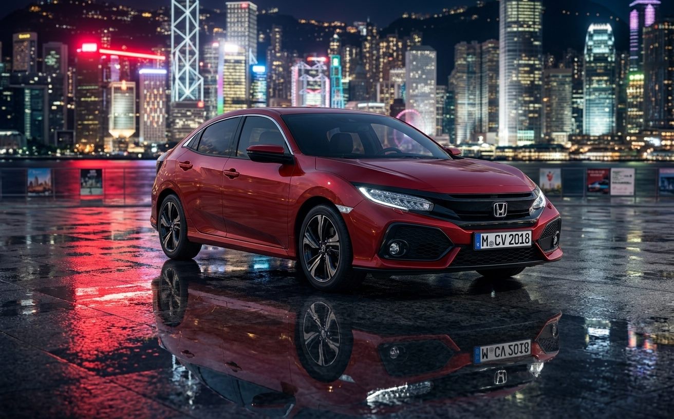 Piros Honda Civic ferdehátú éjszakai vízparton