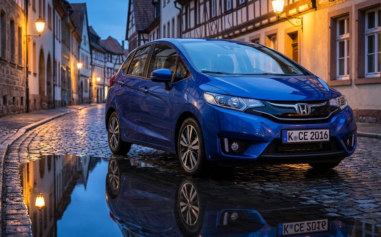 Kék Honda Jazz óvárosi utcán
