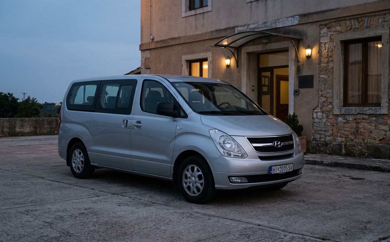 Ezüst Hyundai H-1 kisbusz egy kis szálloda bejárata előtt, alkonyatkor