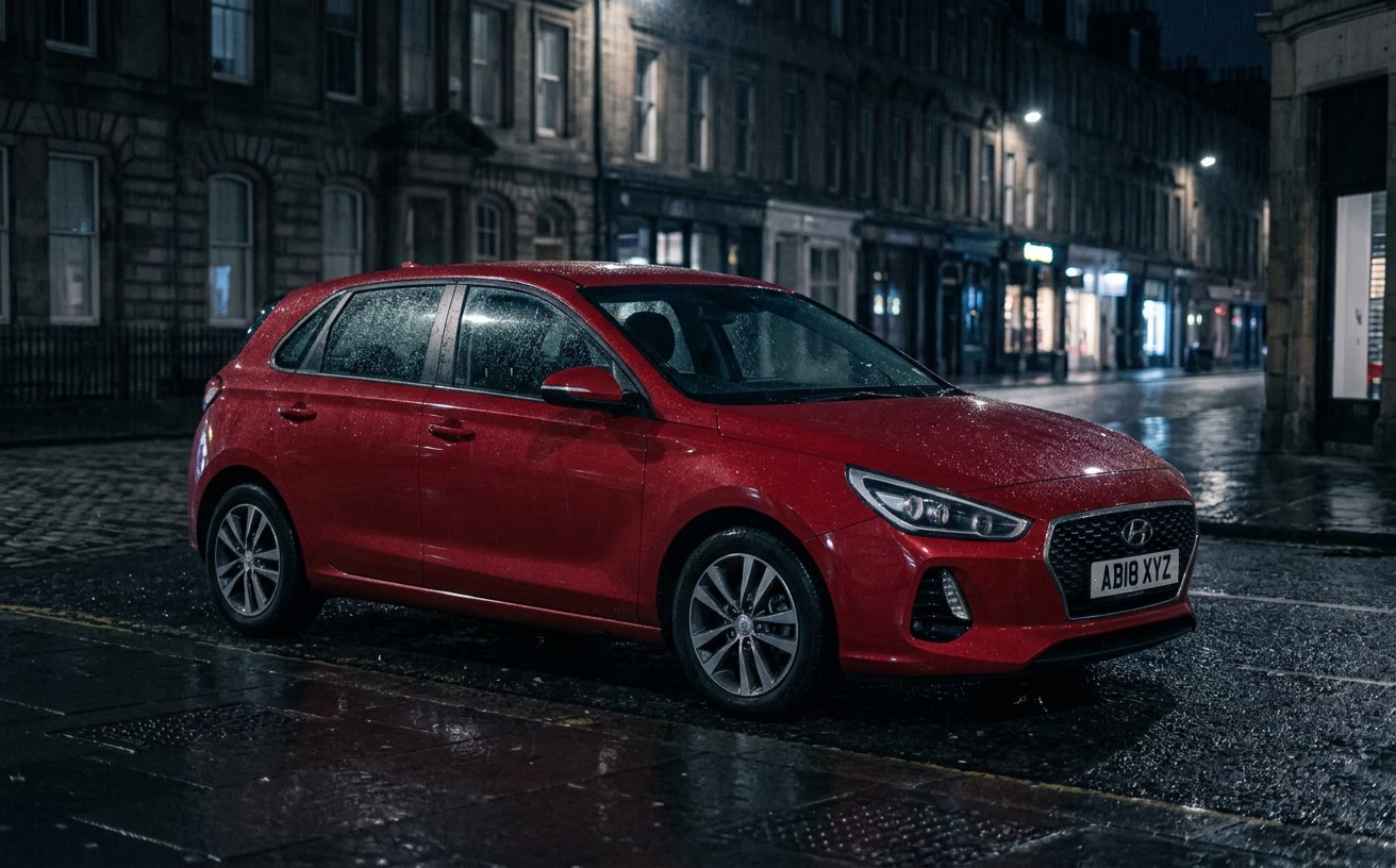 Piros Hyundai i30 ferdehátú esős városi utcán, éjjel