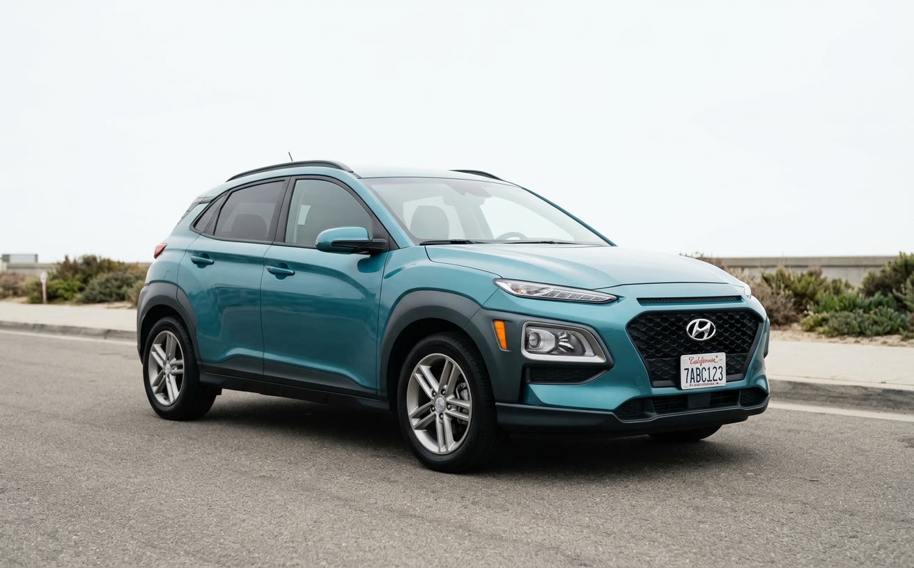 Kékeszöld Hyundai Kona tengerparti sétányon, világos borult ég alatt
