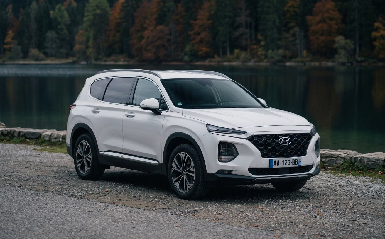Fehér Hyundai Santa Fe tóparton, őszi fák között
