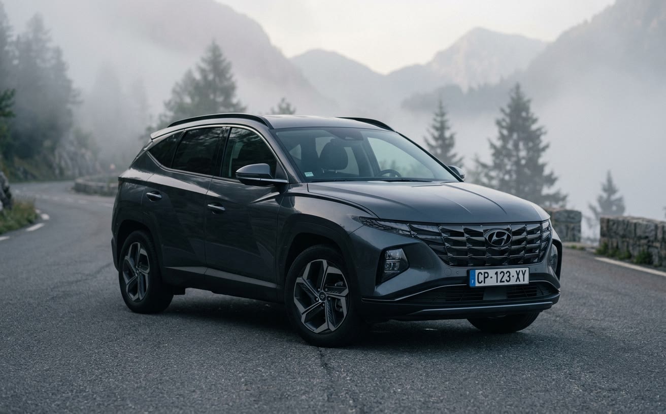 Sötétszürke Hyundai Tucson hegyi hágón, reggeli ködben