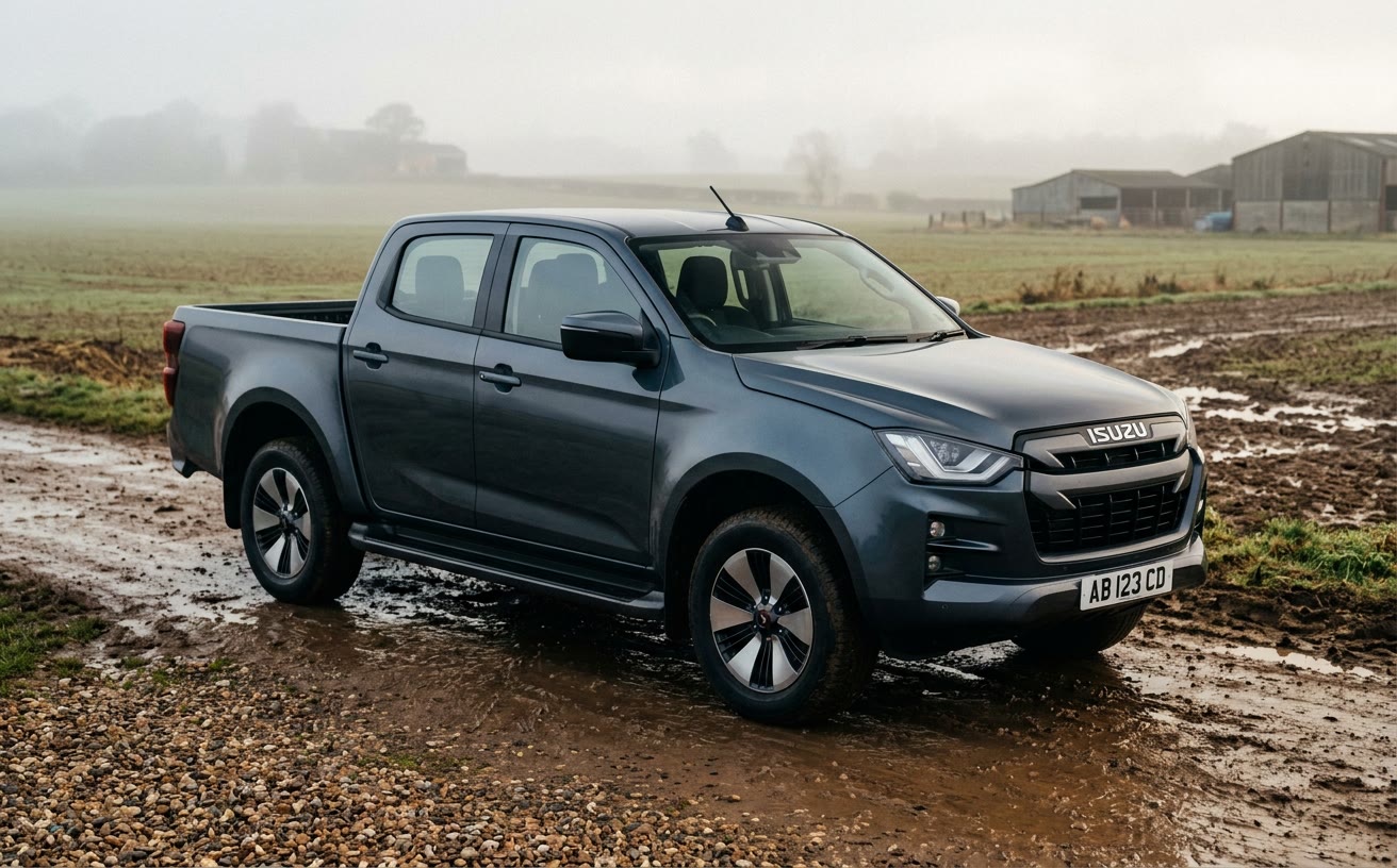 Sötétszürke Isuzu D-Max duplakabinos pickup sáros tanyasi úton, reggeli párában