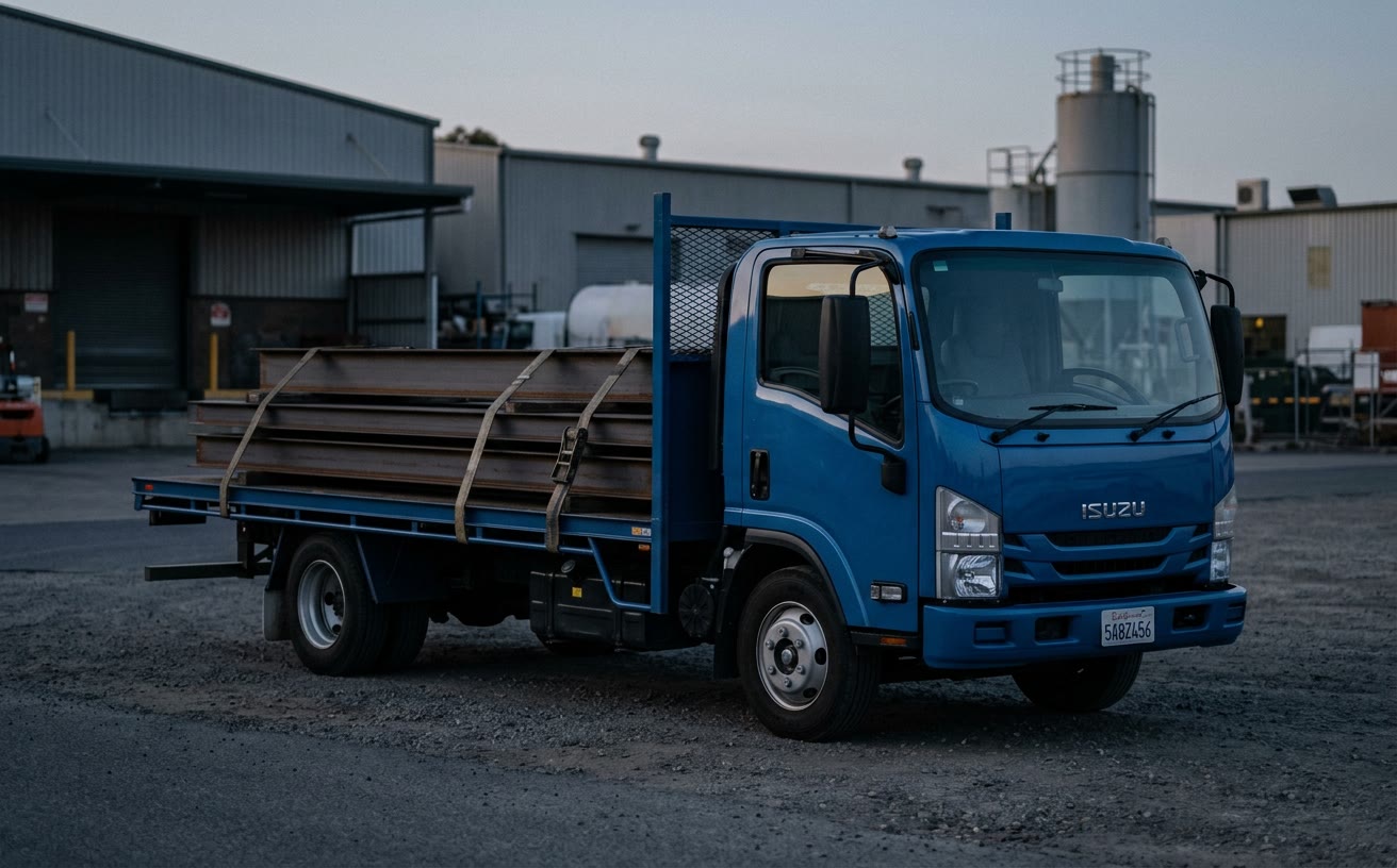 Kék Isuzu F-sorozatú platós teherautó acélgerendákkal, ipari telepen