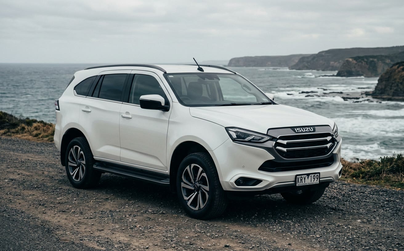 Fehér Isuzu MU-X tengerparti murvás úton, borult időben