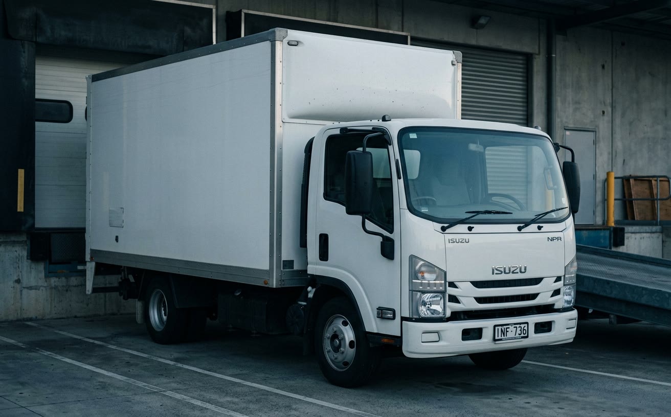 Fehér Isuzu N-sorozatú dobozos teherautó elosztóközpont rakodórámpájánál