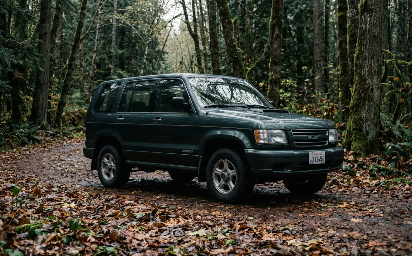 Sötétzöld Isuzu Trooper erdei ösvényen, nedves avaron