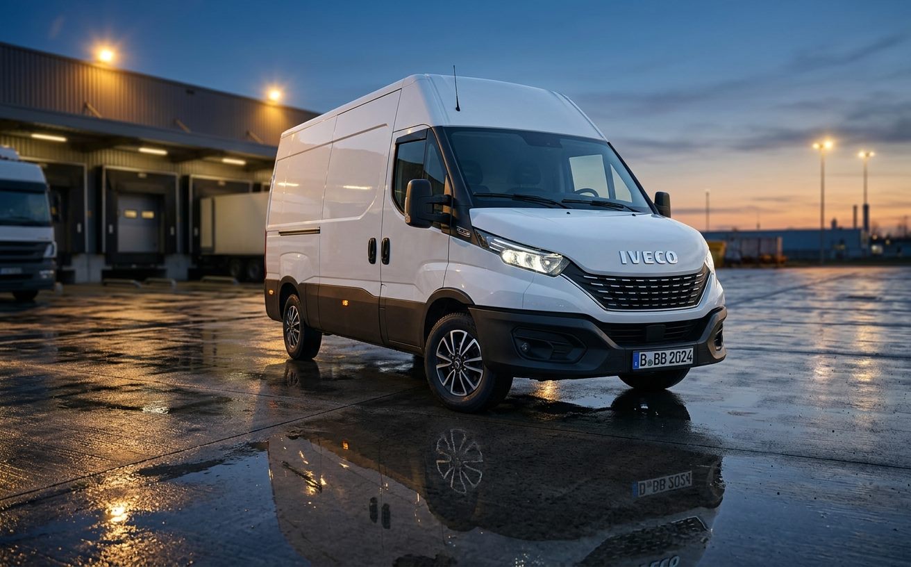 Fehér Iveco Daily 35S furgon rakodóudvarban