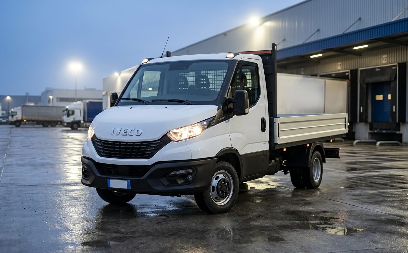 Fehér Iveco Daily 70C platós rakodóudvarban